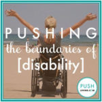 woman in wheelchair on beach. it reads "pushing the boundaries of disability"