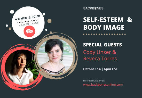 graphic with headshot of reveca and cody that reads "self-esteem & body image. October 14 at 6pm CST. For more information visit www.backbonesonline.com"